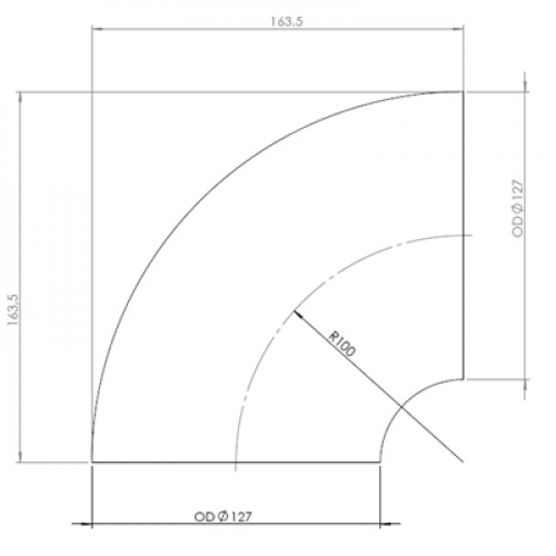 90° exhaust pipe (welded, thin wall) OD=127 / T=1.5 INOX