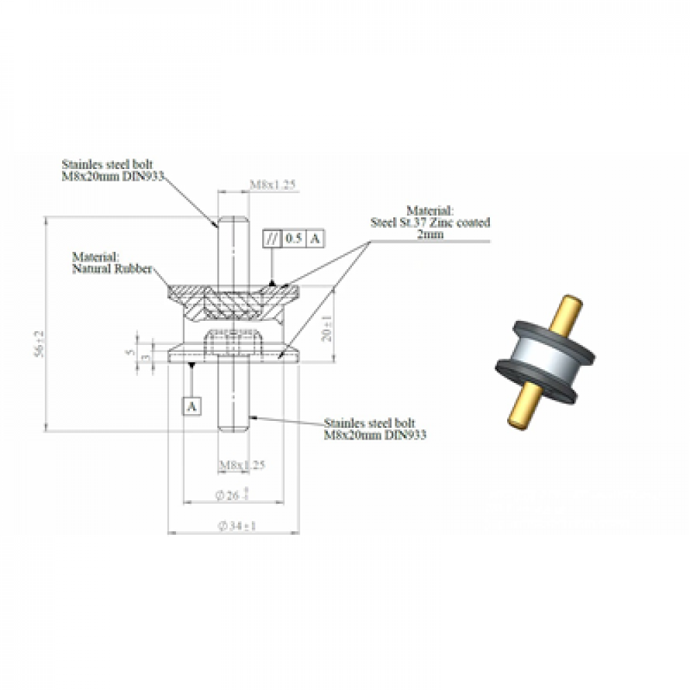 Rubber bracket Mercedes Ø=34 /L=56 M8 ZINC