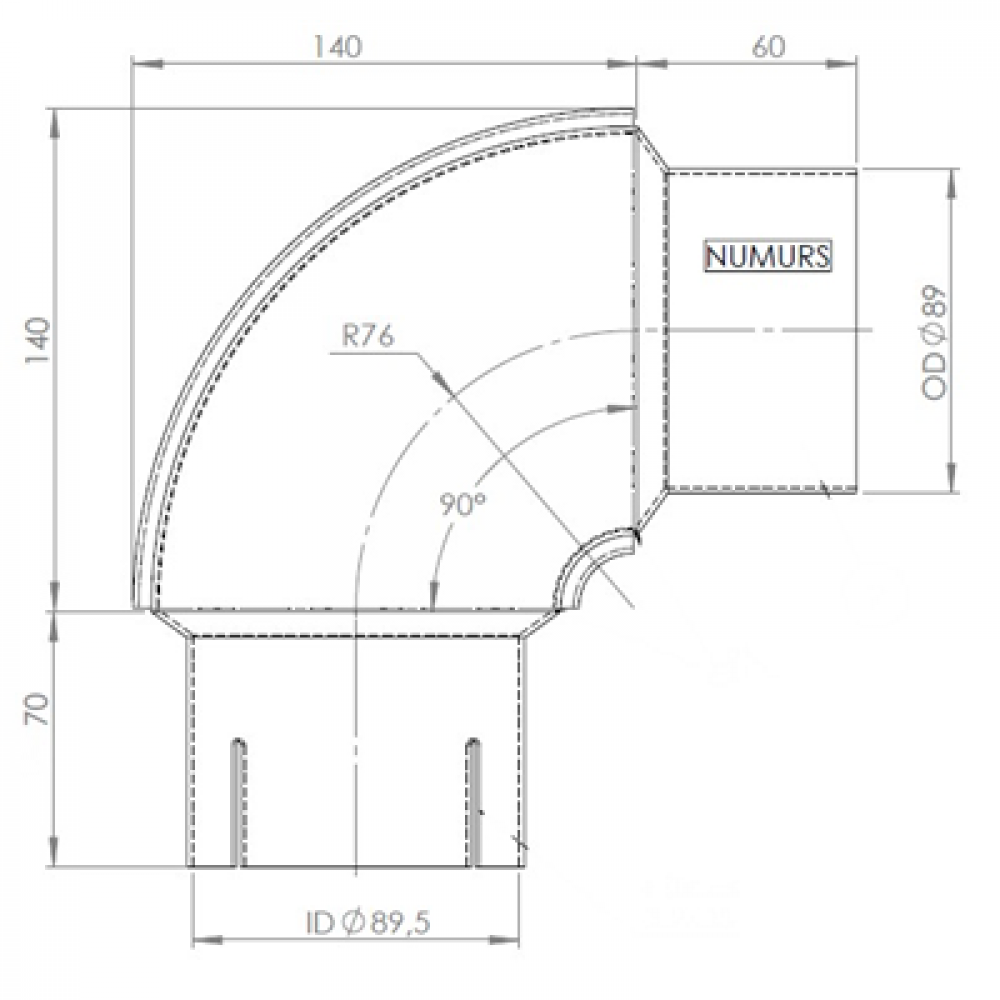 90° izplūdes caurule OD/ID=89/89.5/L=200/210 SPD
