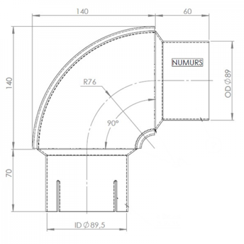 90° izplūdes caurule OD/ID=89/89.5/L=200/210 SPD