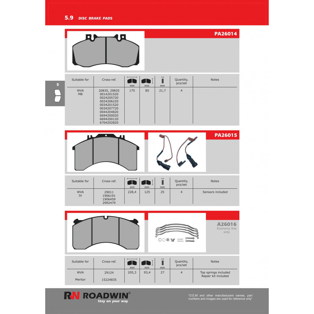 Roadwin Kravu bremžu disku kluču katalogs