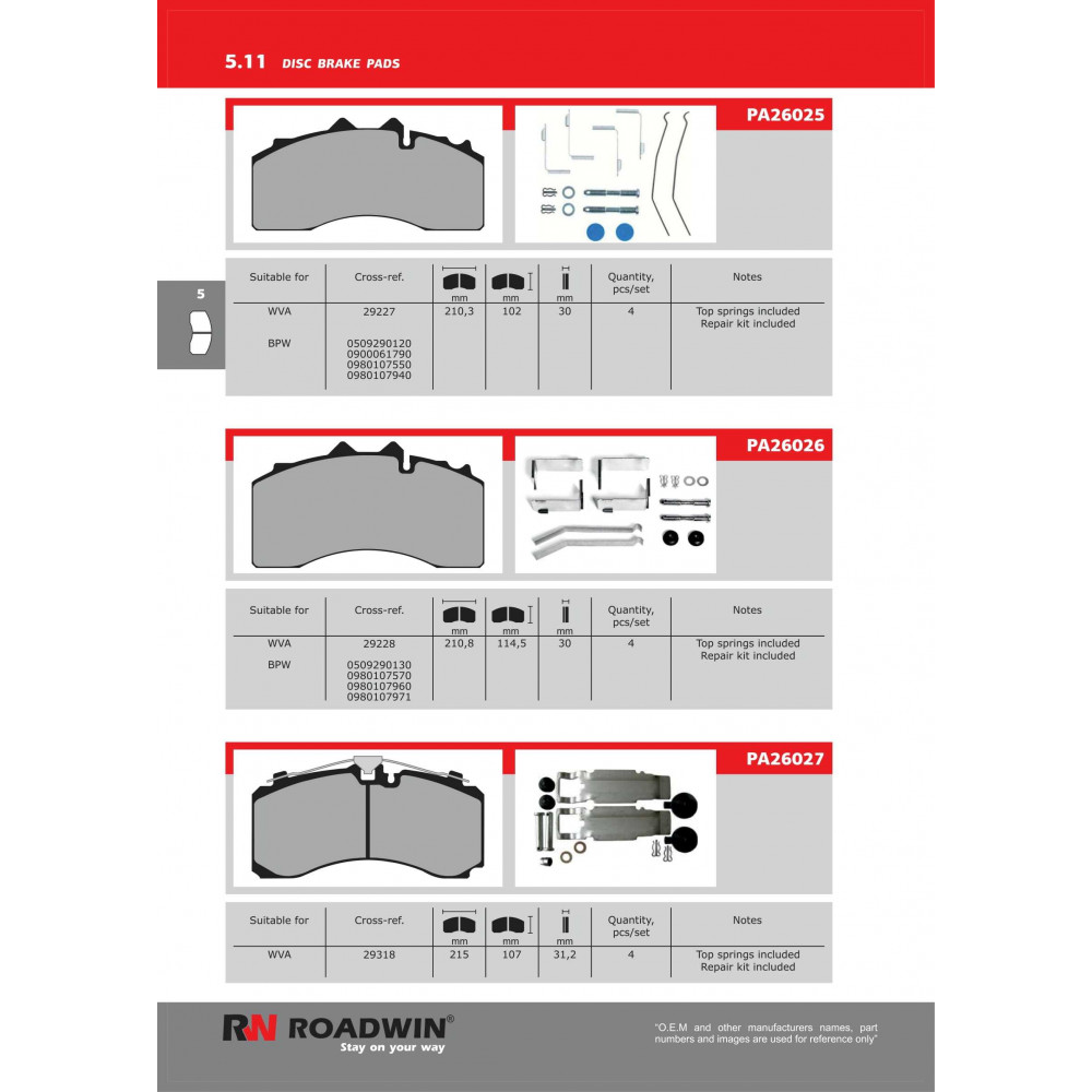 Roadwin Kravu bremžu disku kluču katalogs